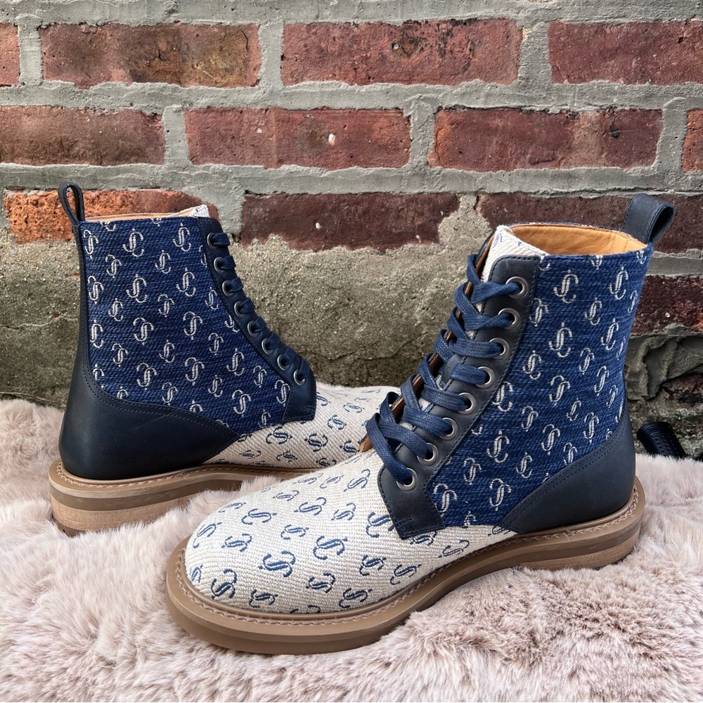 NEW Size 39.5 Jimmy Choo Turing/M Sand Dune Navy Logo Print Combat Moto Boots - Picture 7 of 12